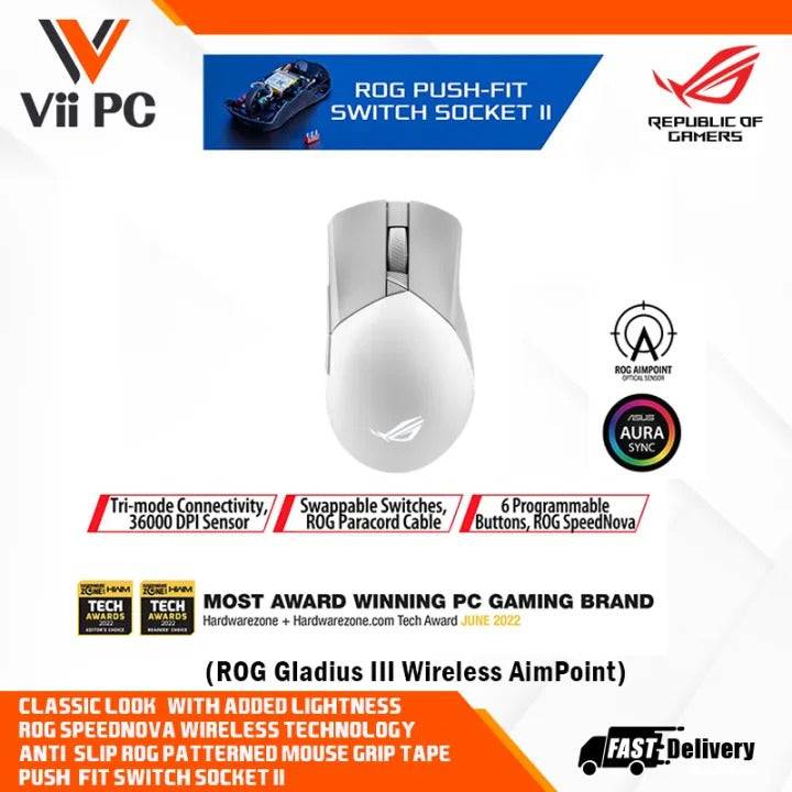 ASUS ROG Gladius III Wireless AimPoint Gaming Mouse, Connectivity (2.4GHz RF, Bluetooth, Wired), 36000 DPI sensor, 6 programmable buttons, ROG SpeedNova, Replaceable switches, Paracord cable