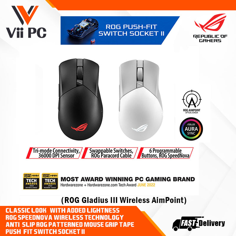 ASUS ROG Gladius III Wireless AimPoint Gaming Mouse, Connectivity (2.4GHz RF, Bluetooth, Wired), 36000 DPI sensor, 6 programmable buttons, ROG SpeedNova, Replaceable switches, Paracord cable