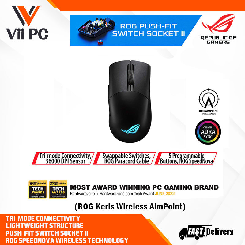 ASUS ROG Keris Wireless AimPoint Black/White lightweight Wireless RGB gaming mouse [75g, 36,000 DPI, Tri-mode connectivity]