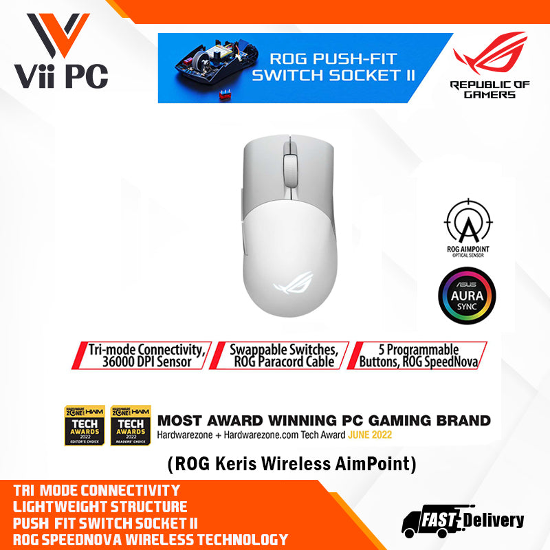 ASUS ROG Keris Wireless AimPoint Black/White lightweight Wireless RGB gaming mouse [75g, 36,000 DPI, Tri-mode connectivity]