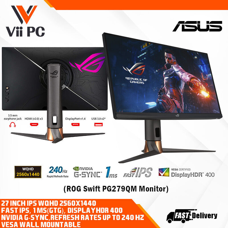 ASUS ROG Swift PG279QM NVIDIA® G-SYNC® Gaming Monitor – 27" QHD (2560 x 1440), NVIDIA Reflex Latency Analyzer, 240Hz, Fast IPS, 1 ms (GTG), DisplayHDR™ 400