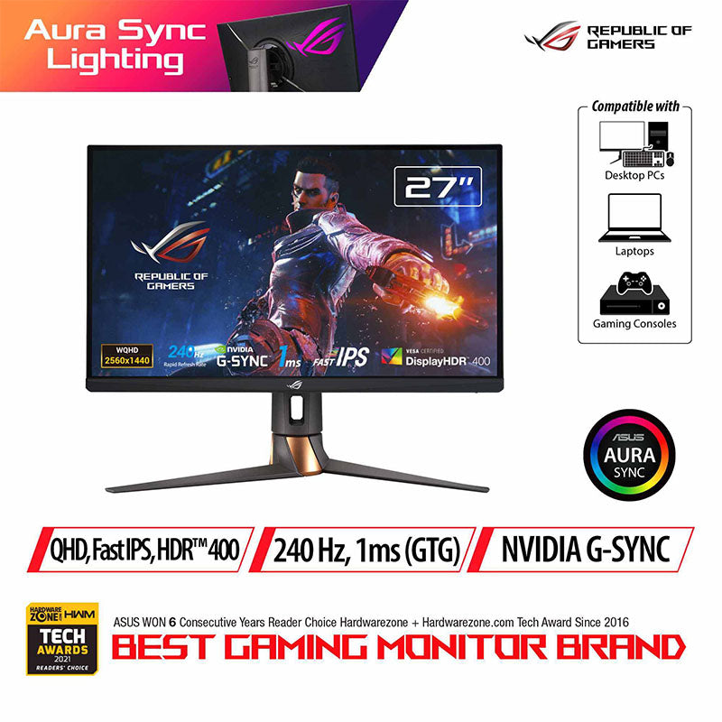 ASUS ROG Swift PG279QM NVIDIA® G-SYNC® Gaming Monitor – 27" QHD (2560 x 1440), NVIDIA Reflex Latency Analyzer, 240Hz, Fast IPS, 1 ms (GTG), DisplayHDR™ 400