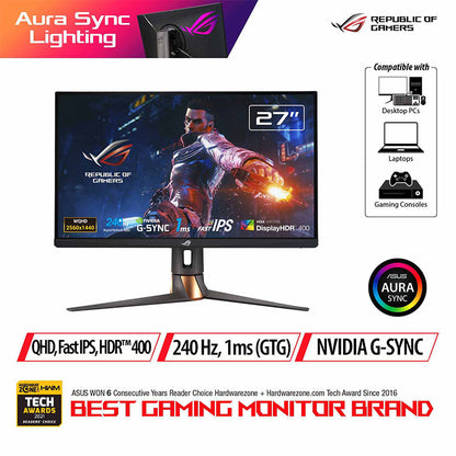 ASUS ROG Swift PG279QM NVIDIA® G-SYNC® Gaming Monitor – 27" QHD (2560 x 1440), NVIDIA Reflex Latency Analyzer, 240Hz, Fast IPS, 1 ms (GTG), DisplayHDR™ 400