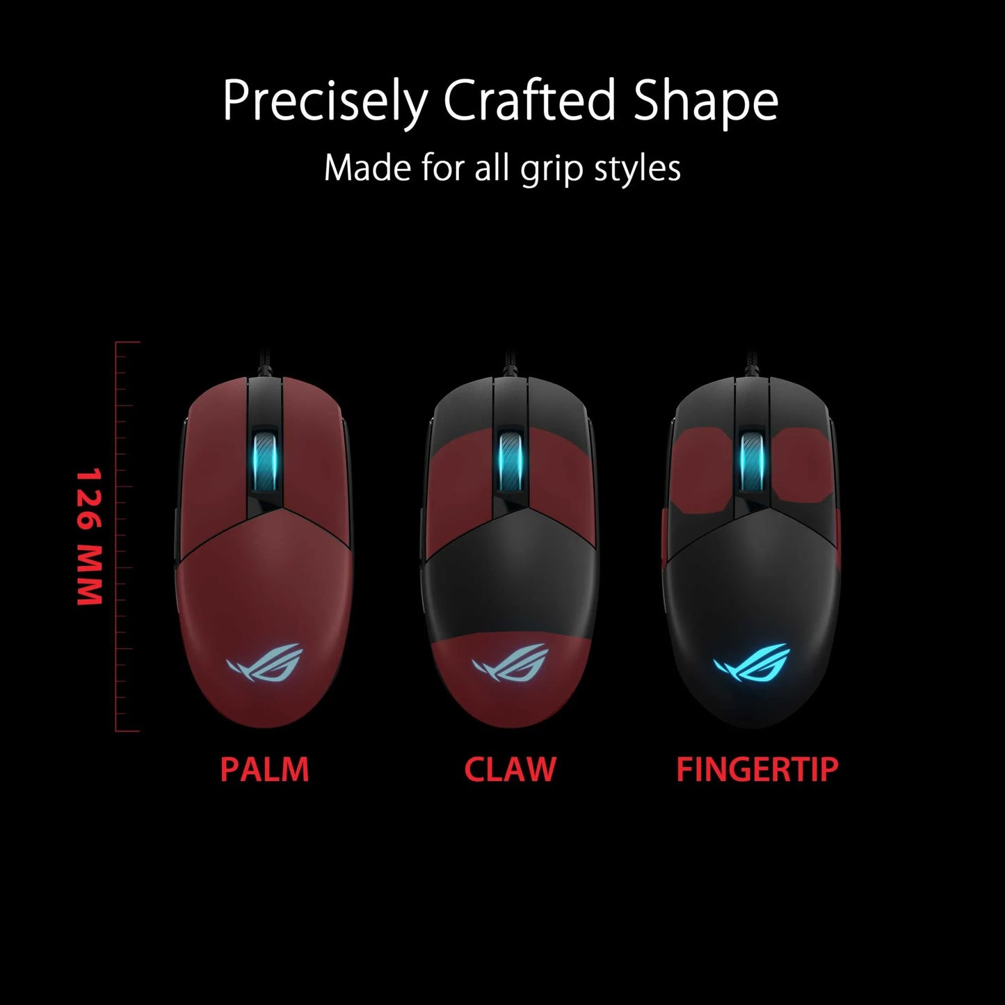 ASUS ROG Strix Impact III Gaming Mouse, Semi-Ambidextrous, Wired, Lightweight, 12000 DPI sensor, 5 programmable buttons, Replaceable switches, Paracord cable, FPS gaming mouse, Black