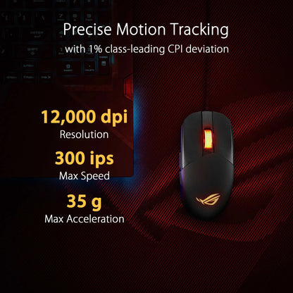 ASUS ROG Strix Impact III Gaming Mouse, Semi-Ambidextrous, Wired, Lightweight, 12000 DPI sensor, 5 programmable buttons, Replaceable switches, Paracord cable, FPS gaming mouse, Black