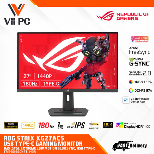 ASUS ROG Strix XG27ACS 27" USB Type-C Gaming Monitor - WQHD(2560x1440), 180Hz Native Refresh Rate, 1ms(GTG), Fast IPS, ELMB-SYNC, ADAPTIVE-SYNC, USB Type-C, G-SYNC, DisplayWidget Center, Tripod Socket, HDR