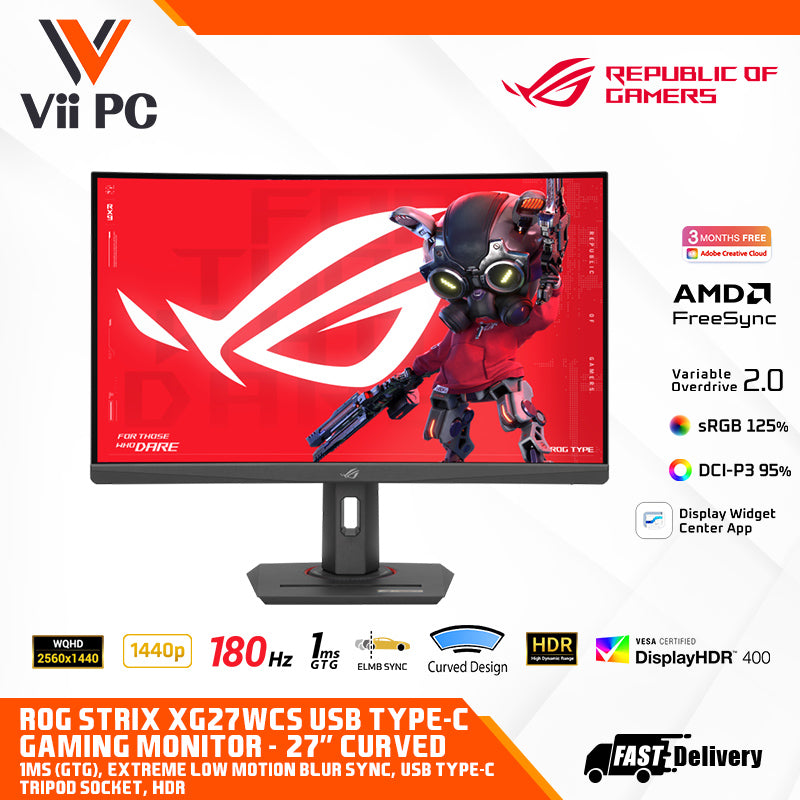 ASUS ROG Strix XG27WCS USB Type-C Gaming Monitor - 27" (2560x1440) Curved, 180Hz (Above 144Hz), 1ms (GTG), Fast VA, Extreme Low Motion Blur Sync, USB Type-C, FreeSync, DisplayWidget Center, tripod socket, HDR