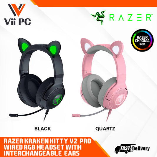 RAZER Kraken Kitty V2 Pro - Wired RGB Headset with Interchangeable Ears (Black/Quartz) - FRML Packaging
