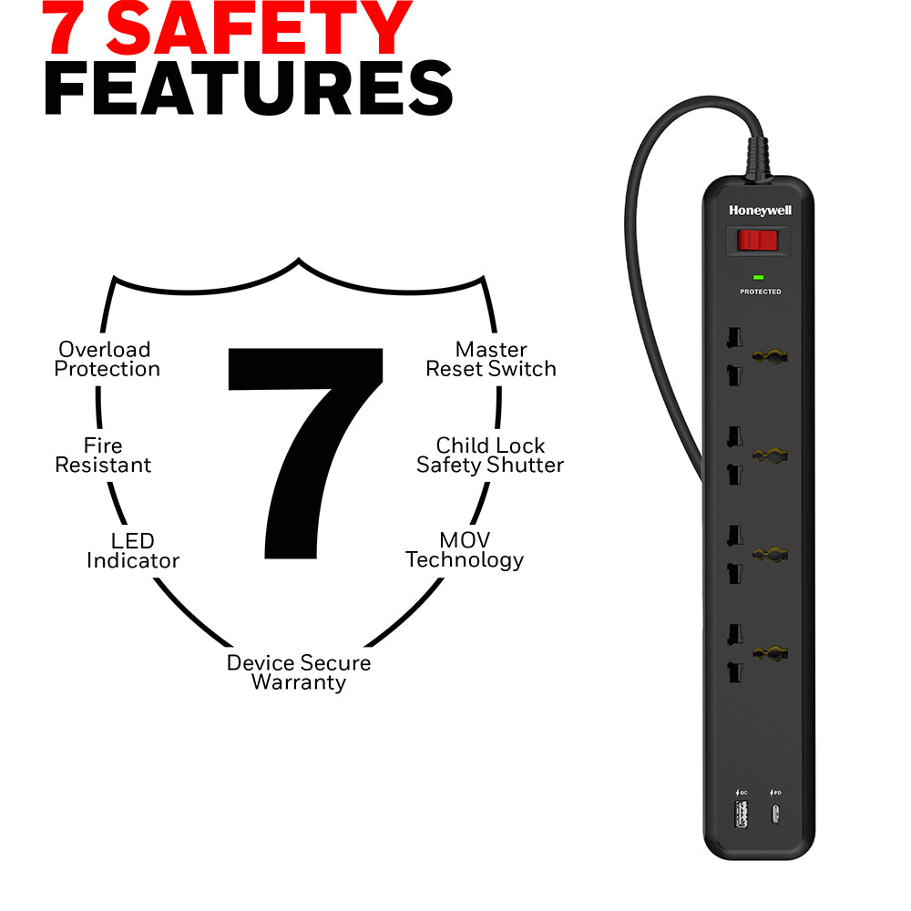 Honeywell 4 Out Surge Protector PD18W with USB Value Series / 3 Years Warranty