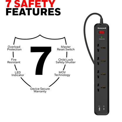 Honeywell 4 Out Surge Protector PD18W with USB Value Series / 3 Years Warranty
