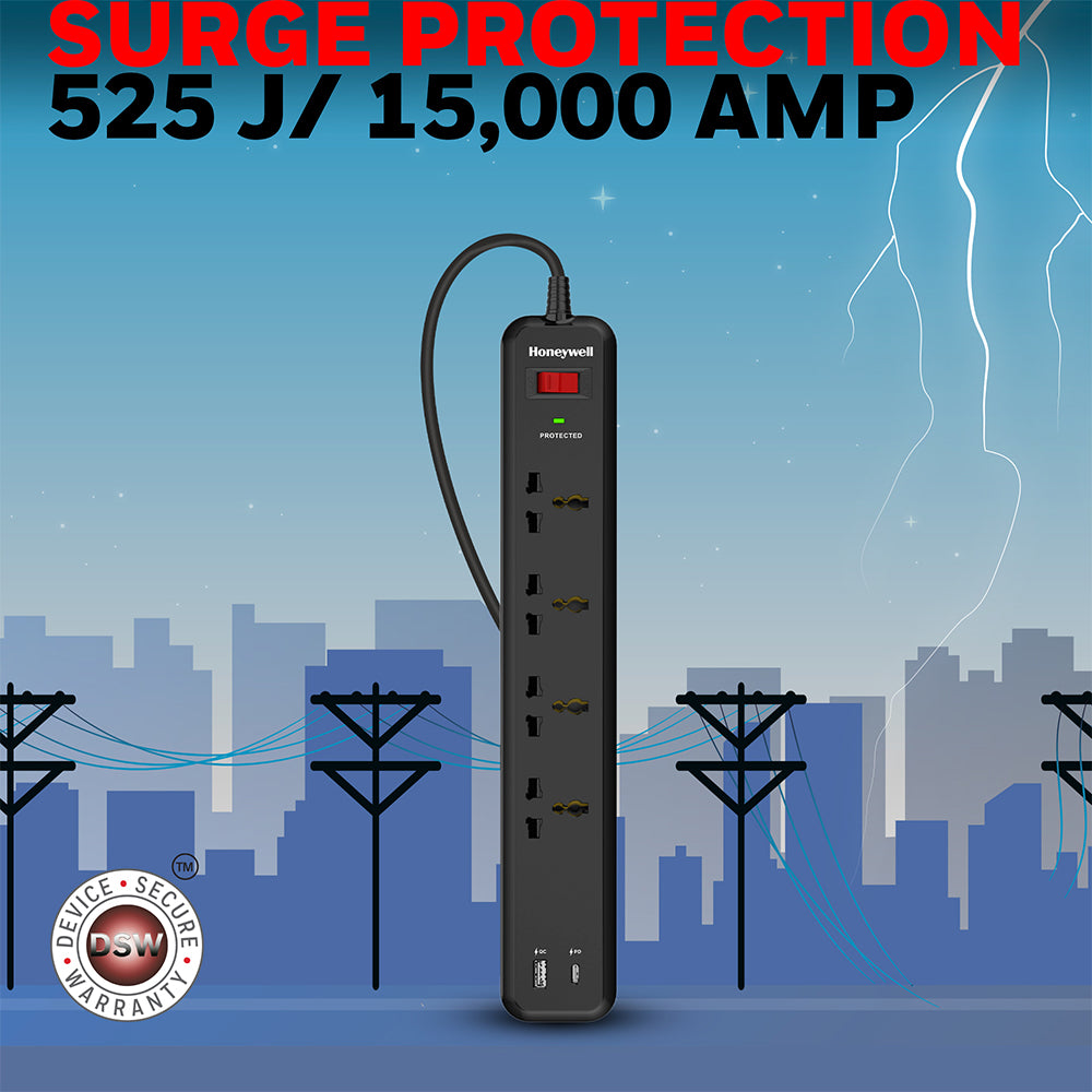 Honeywell 4 Out Surge Protector PD18W with USB Value Series / 3 Years Warranty