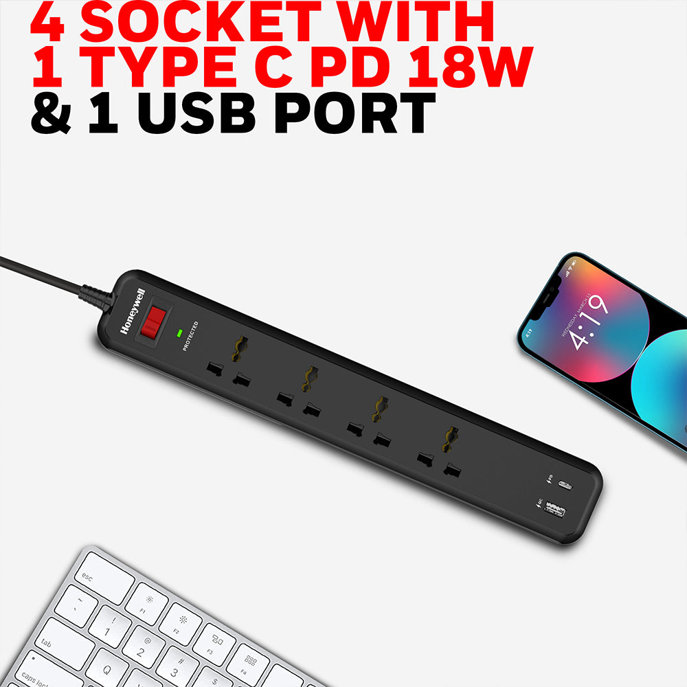 Honeywell 4 Out Surge Protector PD18W with USB Value Series / 3 Years Warranty