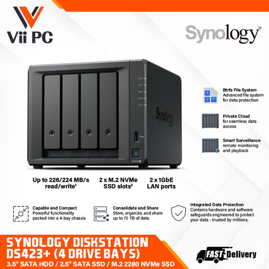Synology DiskStation DS423+ NAS Server with Celeron 2.0GHz CPU, 2 x 1GbE LAN Ports, DSM Operating System