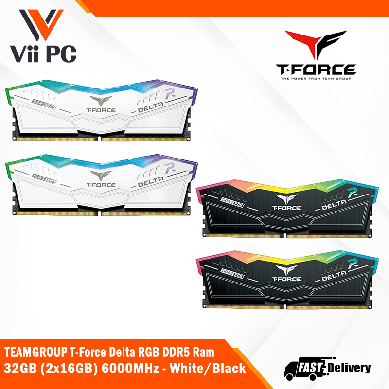 TEAMGROUP T-Force Delta Heatsink With ARGB DDR5 Ram 32GB (2x16GB) 6000MHz - Black/White