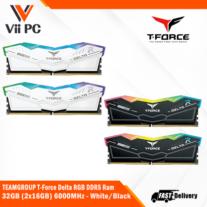 TEAMGROUP T-Force Delta Heatsink With ARGB DDR5 Ram 32GB (2x16GB) 6000MHz - Black/White