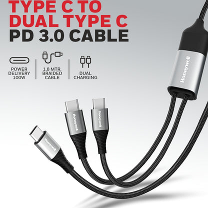 Honeywell Type C To Dual Type C Cable Silver Platinum Series/1 Year Warranty