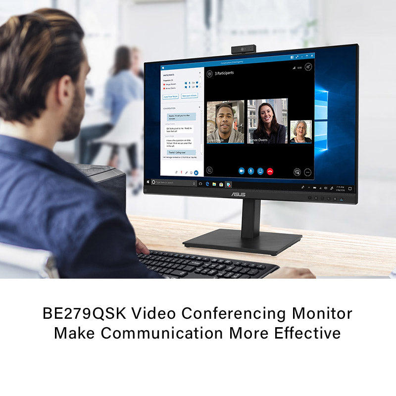 ASUS BE279QSK Video Conferencing Monitor - 27" FHD, IPS, Frameless, adjustable 2MP FHD Webcam, Mic Array, Stereo Speakers, Height Adjustable, Ergonomic Design, HDMI, Eye Care, Low Blue Light, Flicker Free, Wall Mountable