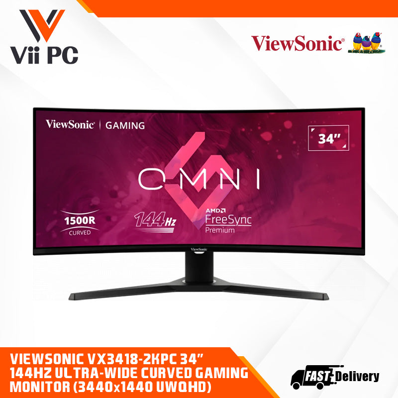 ViewSonic VX3418-2KPC 34” 3440x1440 (UWQHD) 144Hz Curved Gaming Monitor - 1500R Curved, 1ms (MPRT), Adaptive Sync, VA Technology, HDMI and Display Port