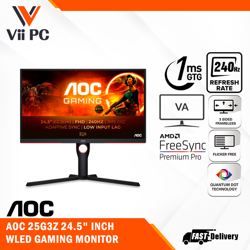 AOC 25G3Z - 24.5" FHD 240Hz IPS Gaming Monitor, 1ms (GtG)/0.5ms (MPRT), AMD Freesync Premium, VESA Certified DisplayHDR 400, 3 Side Frameless, DisplayPort1.4 & HDMI2.0
