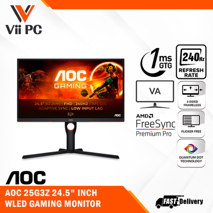 AOC 25G3Z - 24.5" FHD 240Hz IPS Gaming Monitor, 1ms (GtG)/0.5ms (MPRT), AMD Freesync Premium, VESA Certified DisplayHDR 400, 3 Side Frameless, DisplayPort1.4 & HDMI2.0