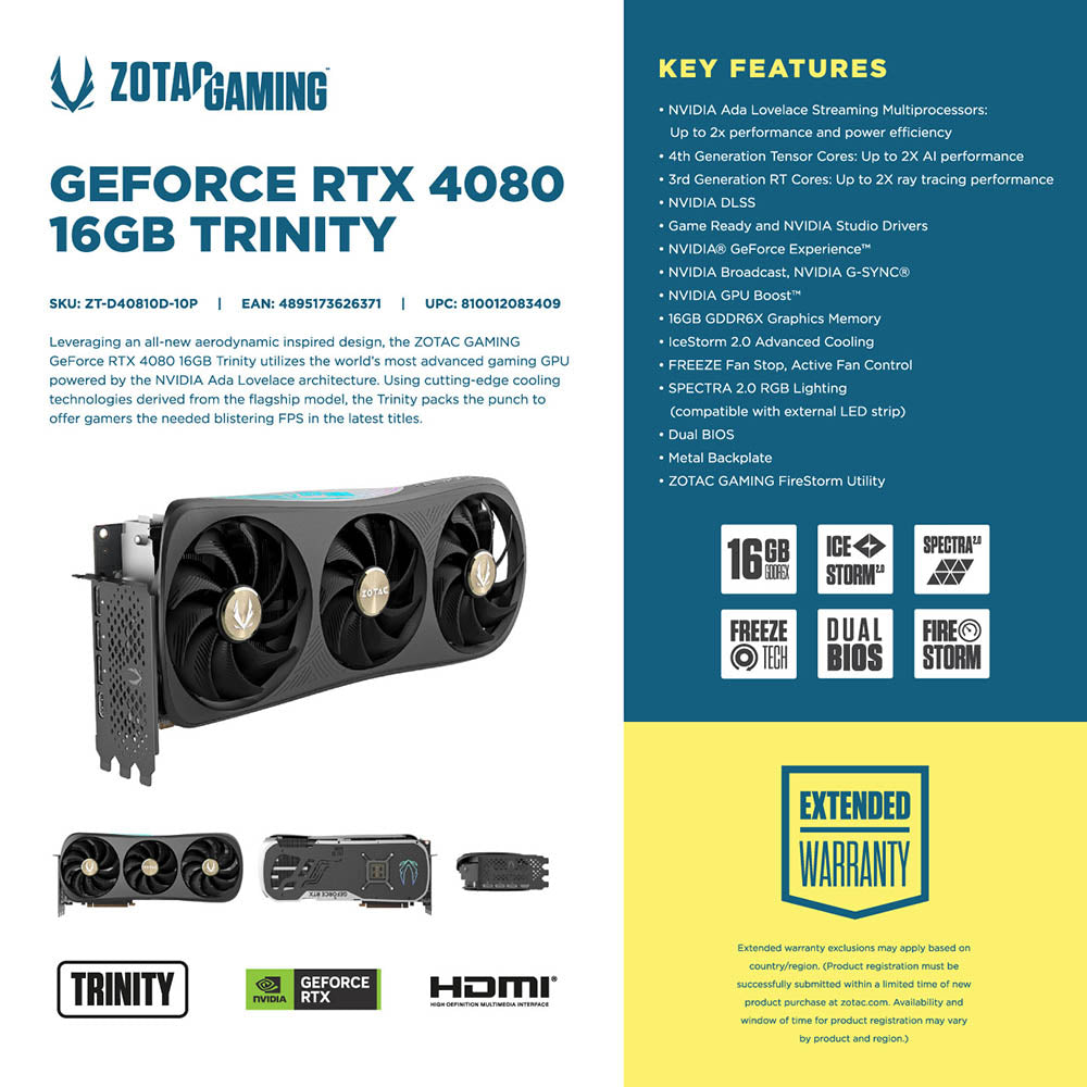ZOTAC GAMING Trinity Non-OC GeForce RTX 4080 16GB GDDR6X PCI-E 4.0 Gaming Graphics Card (ZT-D40810D-10P)