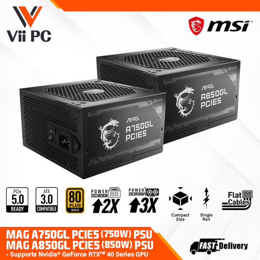 MSI MAG A750GL / A850GL PCIE5 750W/ 850W ATX 3.0/PCIE 5.0/80Plus Gold/Full Modular/Flat Cables/140mm Depth/7yrs Warranty POWER SUPPLY