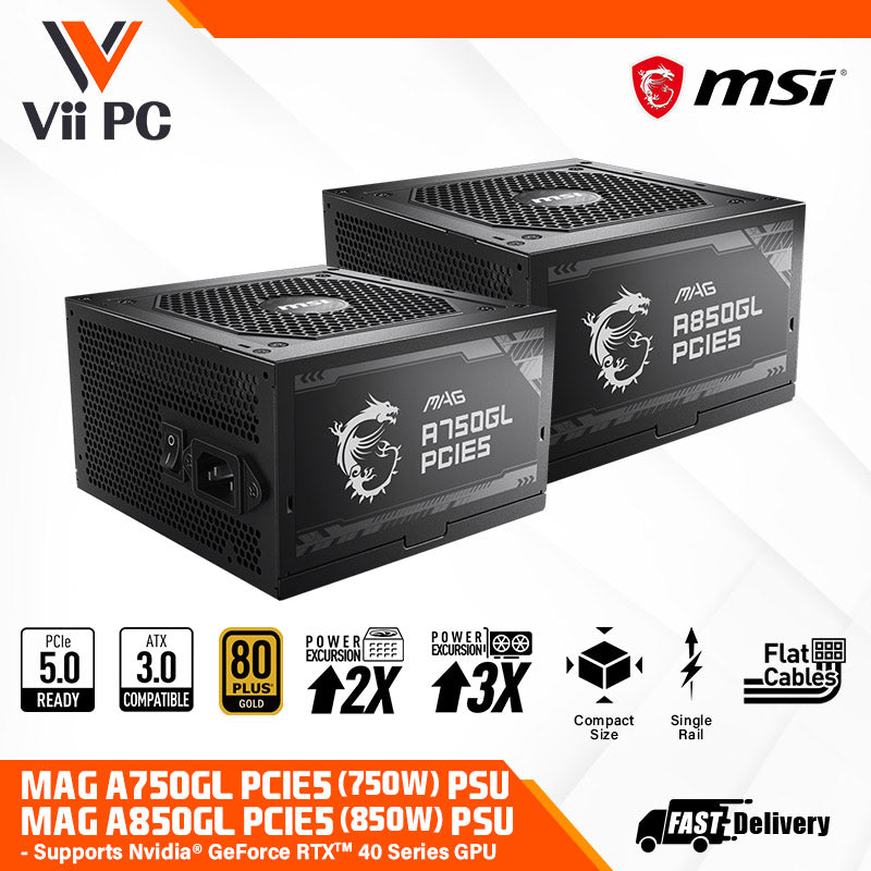 MSI MAG A750GL PCIE5 (750W) / A850GL PCIE5 (850W)  80 Plus® Gold Full Modular Power Supply - ATX 3.0 / PCIE 5.0 / Flat Cables / Supports NVIDIA® GeForce RTX™ 40 Series graphics cards (7 Year Warranty)