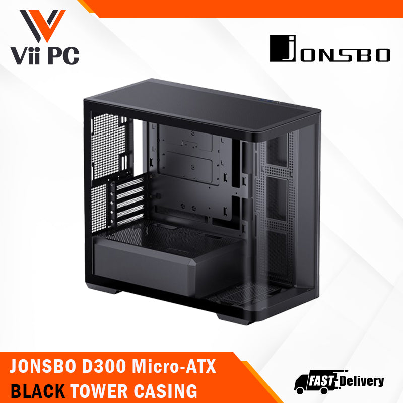 JONSBO D300 Large Micro-ATX BLACK/WHITE TOWER CASING - One-piece Glass Panel AO270 Deg View , MATX Back Plug-in BTF MB, Support 360 AIO, Support 40-series GPU, No Fans Included