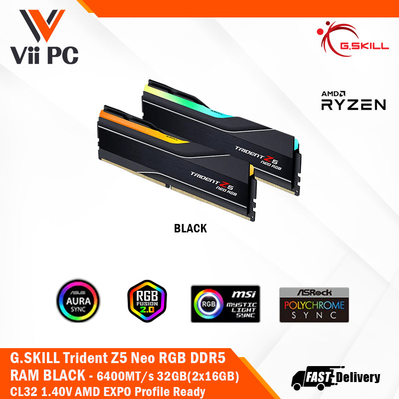 G.SKILL Trident Z5 Neo RGB DDR5 BLACK/WHITE RAM CL32 6400MT/s 32GB(2x16GB) 1.40V, Dual Channel Kit, AMD EXPO Profile Ready