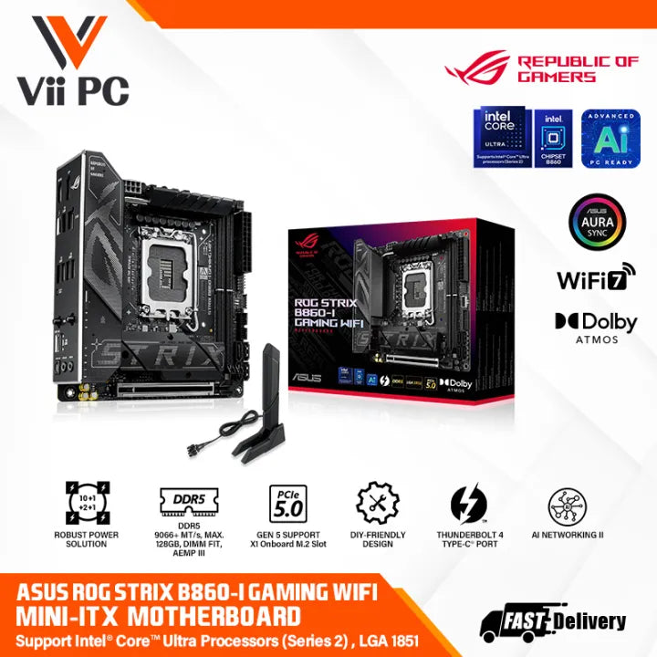 ASUS ROG STRIX B860-I GAMING WIFI INTEL LGA 1851 Mini-iTX motherboard Advanced AI PC-ready, 10+1+2+1 power stages, DDR5 slots WiFi 7 PCIe 5.0 x16 SafeSlot with PCIe® Slot