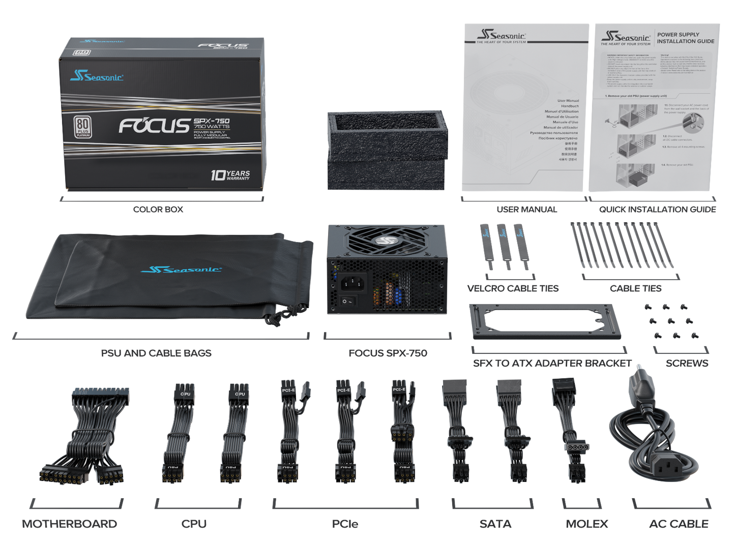 Seasonic FOCUS SPX-750 (2021) 80 Plus® Platinum Certified Fully Modular SFX Power Supply - Hybrid Silent Fan Control, SFX to ATX Bracket (10 Year Warranty)