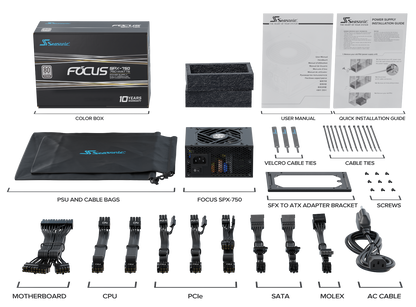 Seasonic FOCUS SPX-750 (2021) 80 Plus® Platinum Certified Fully Modular SFX Power Supply - Hybrid Silent Fan Control, SFX to ATX Bracket (10 Year Warranty)
