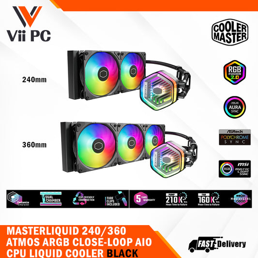 COOLER MASTER MASTERLIQUID 240/360 ATMOS ARGB CLOSE-LOOP AIO CPU LIQUID COOLER, Customize Pump, Sickleflow Edge PWM Fans, 240mm/360mm Radiator, CryoFuze (AMD AM5/AM4, Intel LGA1700/1200)