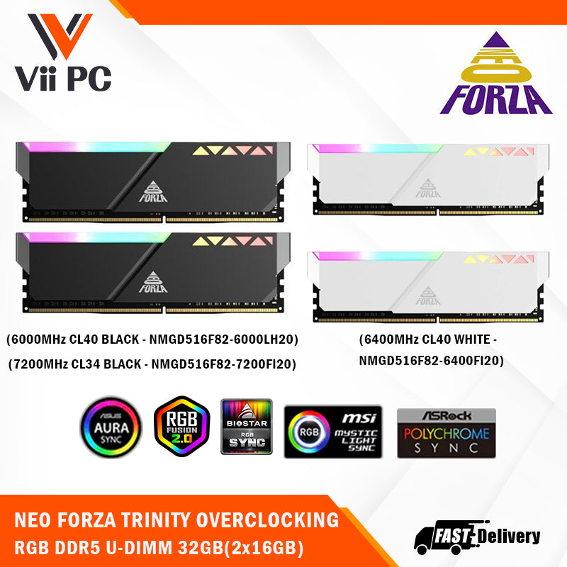 NEO FORZA TRINITY OVERCLOCKING BLACK/WHITE RGB DDR5 U-DIMM 32GB(2x16GB), 6000/6400/7200MHz, CL40/CL34, 1.3V/1.4V INTEL XMP 3.0 Support Kit