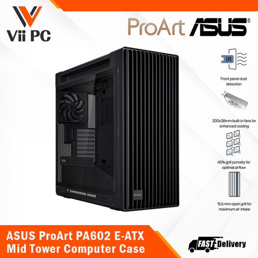ASUS ProArt PA602 E-ATX MID-TOWER COMPUTER CASE - 420mm radiator support, one 140mm and two 200mm pre-installed system fans