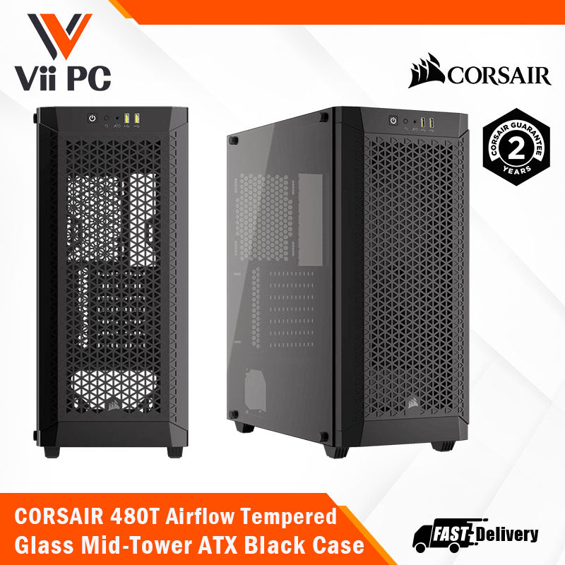 CORSAIR 480T Airflow Tempered Glass Mid-Tower ATX Black Case - 360mm radiator, 2.5" Drive Bays x2, 3.5" Drive Bays x2, 2yrs Wty