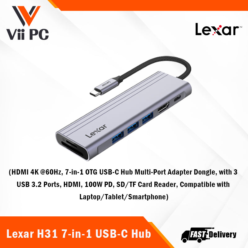 Lexar H31 7-in-1 USB-C Hub Docking Station HDMI 4K, 60Hz, Multi-Port Adapter Dongle, with 3 USB 3.2 Ports, HDMI, 100W PD, SD/TF Card Reader, Compatible with Laptop/Tablet/Smartphone