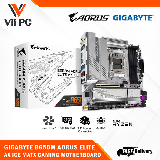 GIGABYTE B650M AORUS ELITE AX ICE AMD Socket AM5/ICE Series/Wi-Fi 6E/DDR5 Support/NVMe SSD Ready/2.5GbE LAN MATX Gaming Motherboard