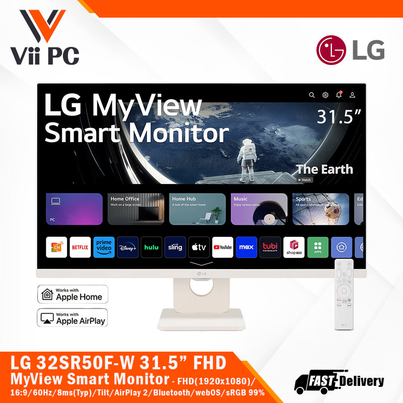 LG 32SR50F-W 31.5" FHD(1920 x 1080)/IPS/16:9/webOS/Tilt/sRGB99%/AirPlay 2/Screen Share/Bluetooth/ThinQ App/Remote Control WHITE MyView Smart Monitor