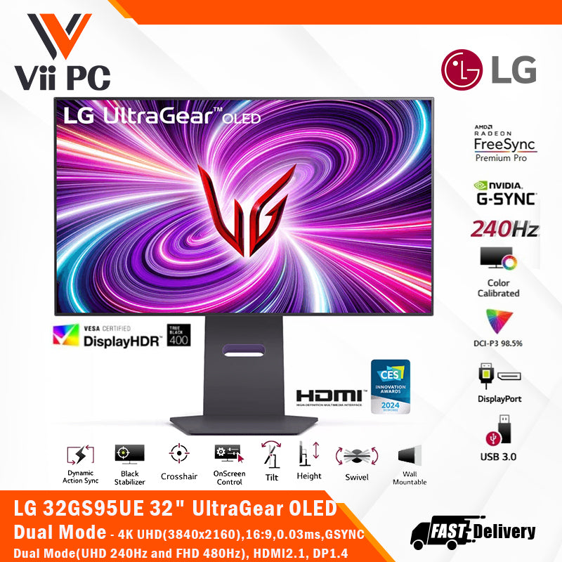 LG ‎32GS95UE 32" UltraGear OLED Dual Mode 4K UHD(3840x2160), 16:9, 240Hz, 0.03ms, G-SYNC Compatibility, FreeSync Premium Pro, HDR10, HDR TrueBlack400, Pixel Sound Gaming Monitor