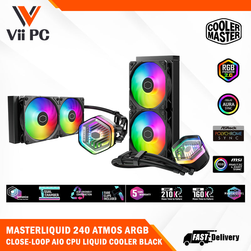 COOLER MASTER MASTERLIQUID 240/360 ATMOS ARGB CLOSE-LOOP AIO CPU LIQUID COOLER, Customize Pump, Sickleflow Edge PWM Fans, 240mm/360mm Radiator, CryoFuze (AMD AM5/AM4, Intel LGA1700/1200)