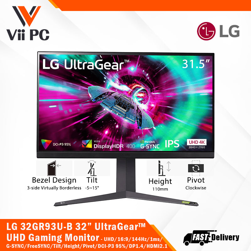 LG 32GR93U-B 32" UltraGear™ 4K UHD(3840x2160)/144Hz/1ms/HDR400/G-SYNC/FreeSync Premium/HDMI 2.1/DP1.4/4-Pole HP Out DTS HP:X/Tilt/Height/Pivot Stand Black Gaming Monitor