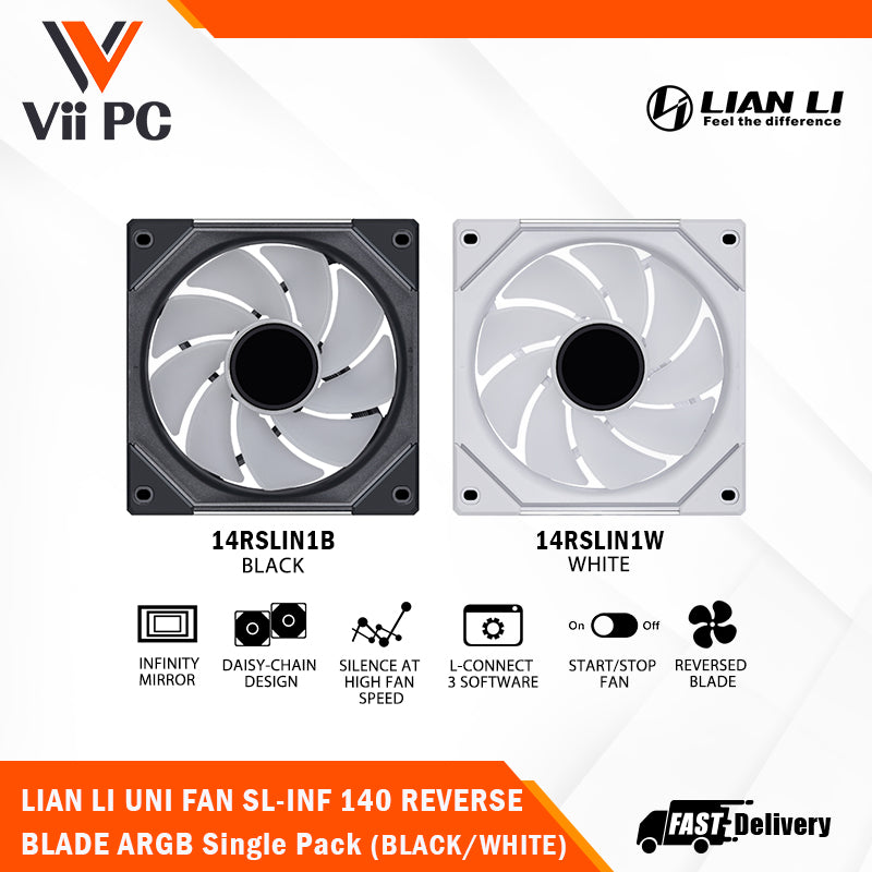 LIAN LI UNI FAN SL-INF 140 Single Pack REVERSE without Controller - BLACK or WHITE / 2 Yrs Wty