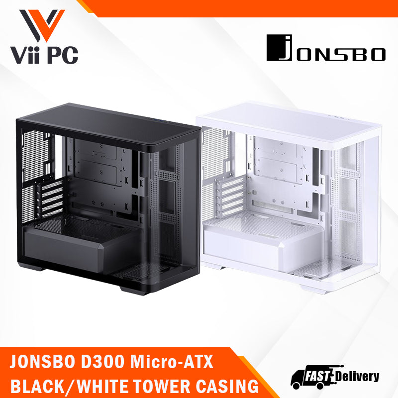 JONSBO D300 Large Micro-ATX BLACK/WHITE TOWER CASING - One-piece Glass Panel AO270 Deg View , MATX Back Plug-in BTF MB, Support 360 AIO, Support 40-series GPU, No Fans Included