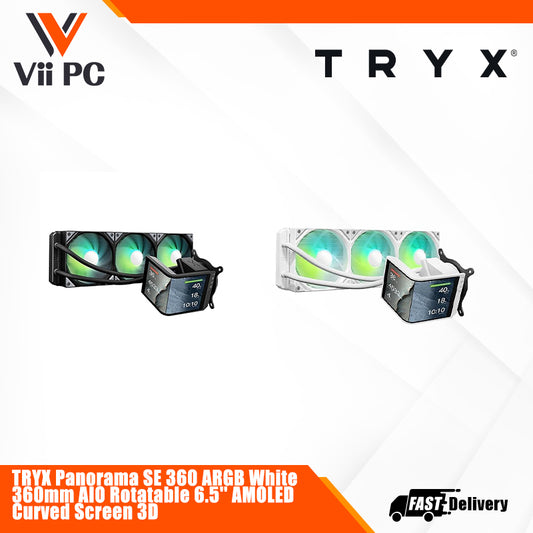 TRYX Panorama SE 360 ARGB White 360mm AIO Rotatable 6.5'' AMOLED Curved Screen 3D Anamorphic Effect Customizable AIO Cooler 360mm White Asetek Adela 280w TDP Intel LGA 1851/1700/1200/115X AMD AM5/AM4