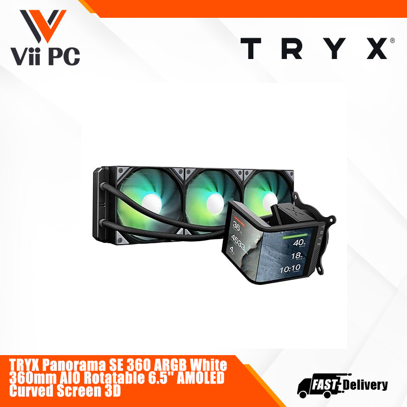 TRYX Panorama SE 360 ARGB White 360mm AIO Rotatable 6.5'' AMOLED Curved Screen 3D Anamorphic Effect Customizable AIO Cooler 360mm White Asetek Adela 280w TDP Intel LGA 1851/1700/1200/115X AMD AM5/AM4