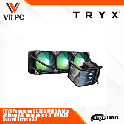 TRYX Panorama SE 360 ARGB White 360mm AIO Rotatable 6.5'' AMOLED Curved Screen 3D Anamorphic Effect Customizable AIO Cooler 360mm White Asetek Adela 280w TDP Intel LGA 1851/1700/1200/115X AMD AM5/AM4