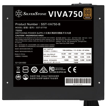 SilverStone VIVA 750 Bronze (VIVA Series) 80 Plus® Bronze 750W ATX Power Supply - Up to 88% Efficiency/230V/PCI-E 8pin and PCI-E 6pin Connectors Support/Active PFC