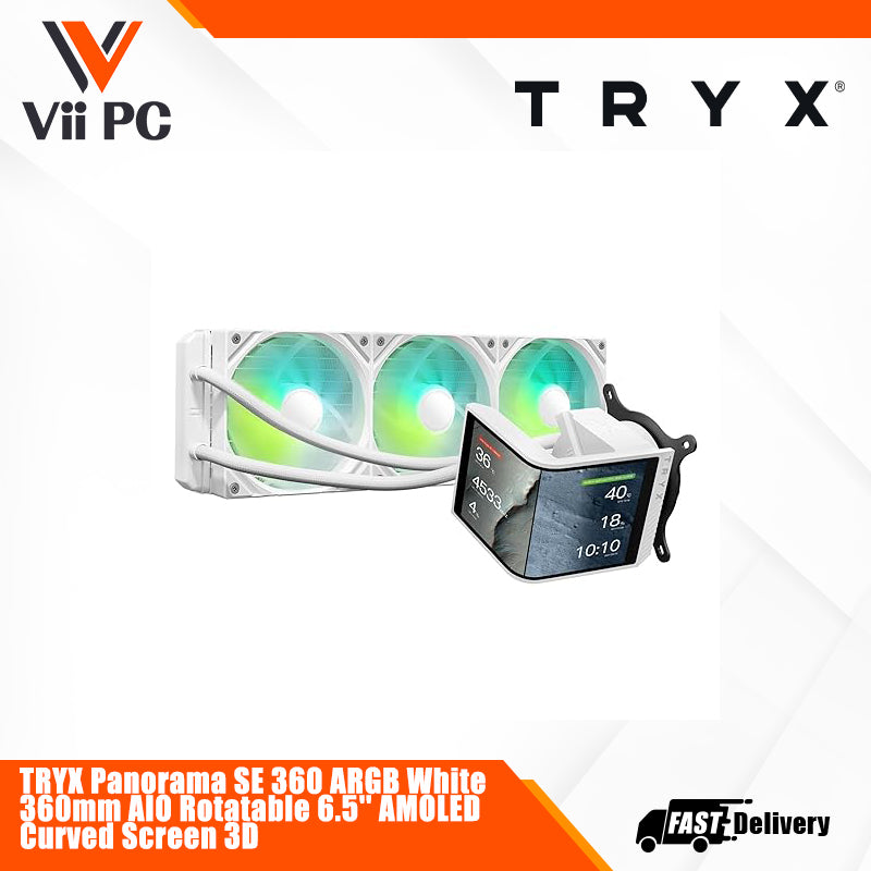 TRYX Panorama SE 360 ARGB White 360mm AIO Rotatable 6.5'' AMOLED Curved Screen 3D Anamorphic Effect Customizable AIO Cooler 360mm White Asetek Adela 280w TDP Intel LGA 1851/1700/1200/115X AMD AM5/AM4