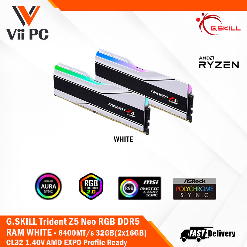 G.SKILL Trident Z5 Neo RGB DDR5 BLACK/WHITE RAM CL32 6400MT/s 32GB(2x16GB) 1.40V, Dual Channel Kit, AMD EXPO Profile Ready